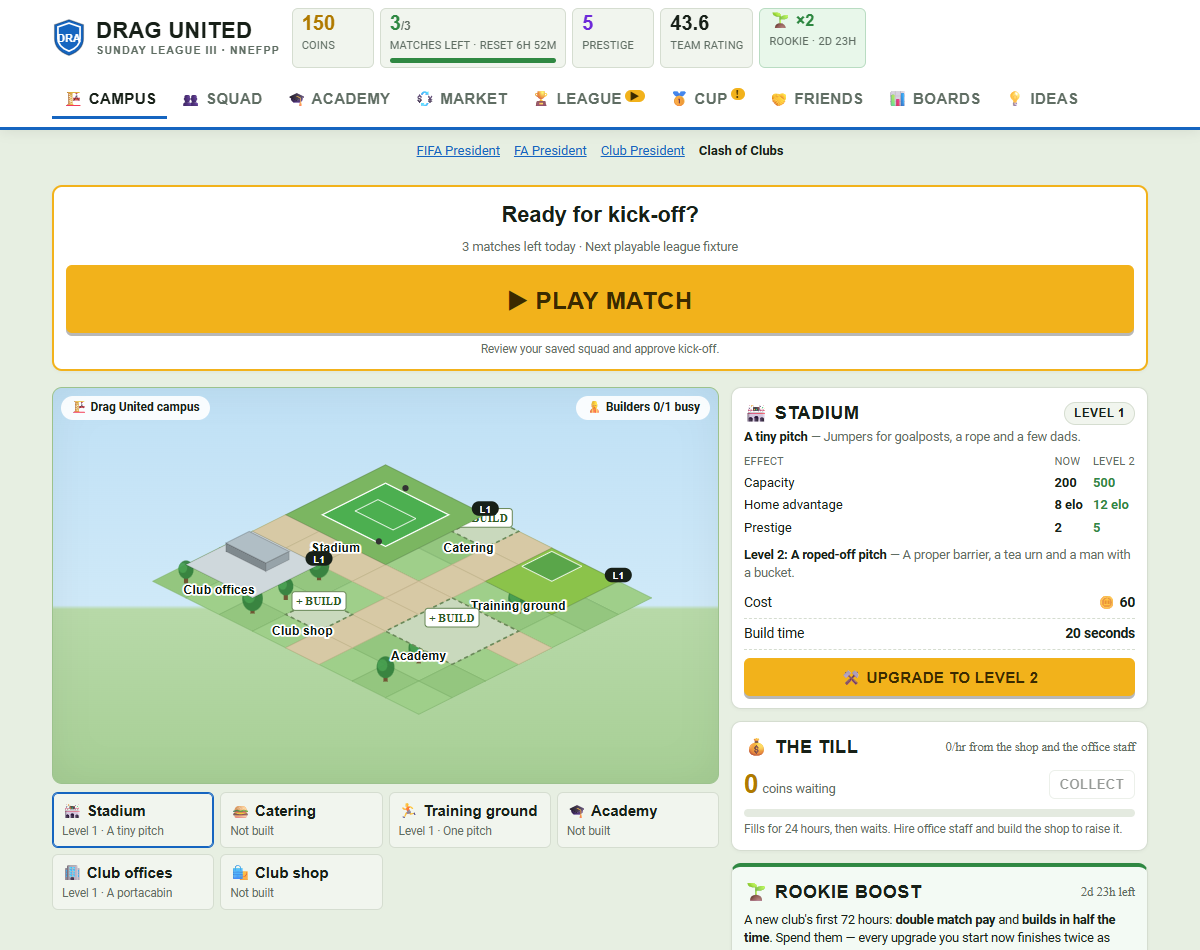 Clash of Clubs gameplay showing the campus, buildings and Play Match button